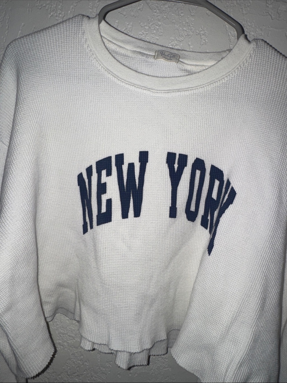 Brandy Melville White Crop Sweatshirt with Navy "New York" Logo